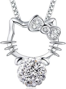 925 Sterling Silver Kitty Cat Crystal Pendant Necklace